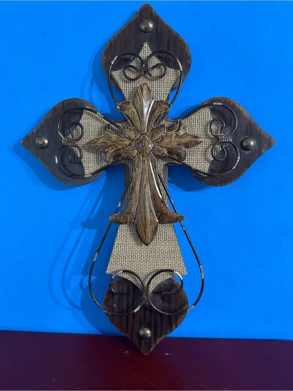 Ornate Brown and Gold Wall Cross Décor-wood and metal accent
